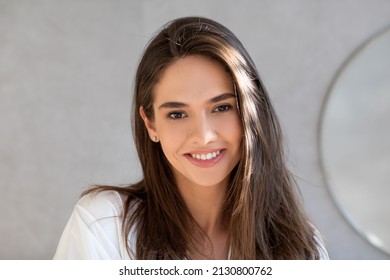 Natural Beauty. Portrait Of Happy Attractive Young Lady Looking At Camera, Beautiful Millennial Woman With Smooth Perfect Skin And Thick Hair Posing In Bathroom At Home, Enjoying Her Appearance - Shutterstock ID 2130800762