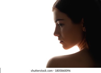 Natural Beauty. Silhouette Woman With Neutral Makeup. Profile Portrait Isolated On White. Face Perfection. Skin And Body Care. Green Cosmetic