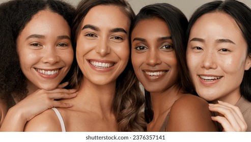 Natural beauty, skincare and diversity with women, dermatology and face isolated on studio background. Wellness, unique healthy skin and inclusion with cosmetic care, makeup shine and portrait - Powered by Shutterstock