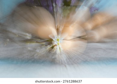 Natural beige Easter  eggs  in motion blur and white flower