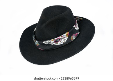 natural black felt hat wide-brimmed hat isolated on white background cowboy head protection