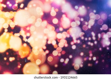 Natural Bokeh And Bright Golden Lights. Vintage Magic Background With Colorful Bokeh. Spring Summer Christmas New Year Disco Party