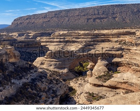 Natural Bridges National Monument in Utah. A natural bridge is formed through erosion by water flowing in the stream bed of the canyon. Sipapu Bridge from Bridge View Drive.