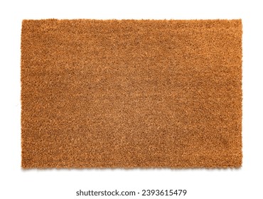 Natural brown coconut fiber doormat. Plain natural dry carpet on white background