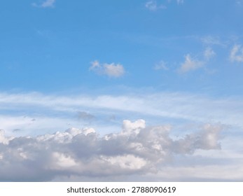Natural cloudscape featuring layered white cumulus clouds against a clear blue sky with soft afternoon lighting and wide copy space for weather, nature, and background design concepts