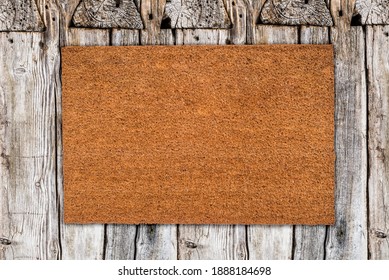 Natural Coir Doormat On Antique Wooden Texture, Background