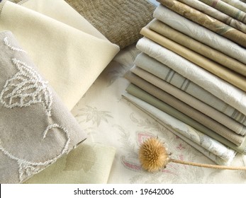 Natural Color Fabric Swatches With Plain, Striped And Floral Patterns