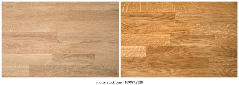 Natural Color Oak Tree Wood Board Kitchen Countertop Unprocessed Before On Left And After Oiling Processed After On Right. Home Renovation Construction Business Concept.