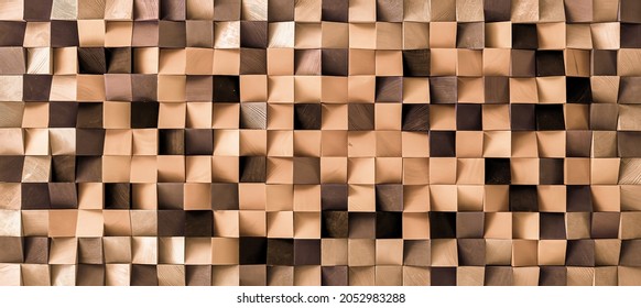 Natural color wood block wall cubic texture background . Modern contempolary woodwork wallpaper artwork design .