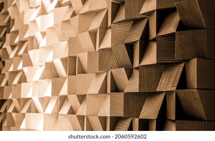 Natural Color Wood Block Wall Cubic Texture Background . Modern Contempolary Woodwork Wallpaper Artwork Design .