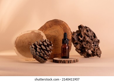 Natural Cosmetic Oil in Dark Bottle. Wooden Oak Extract in Health Care Product. - Shutterstock ID 2140411907