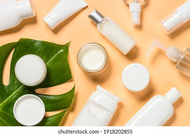 Natural Cosmetic Products At Color Background. Cream, Mask, Lotion For Face And Body Care. Flat Lay Image.