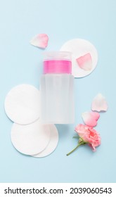 Natural Cosmetic Products On A Blue Background. Cosmetic Bottle Mockup.