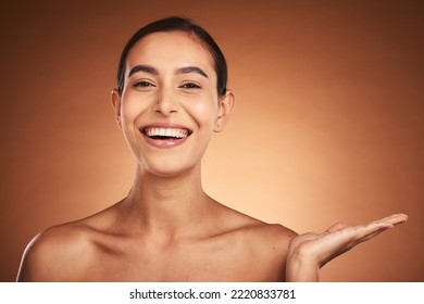 Natural Cosmetics, Beauty And Woman, Smile In Skincare Advertising Portrait With Face And Skin In Studio Background. Happy, Facial Treatment And Wellness Mockup, Makeup And Cosmetic Product Marketing