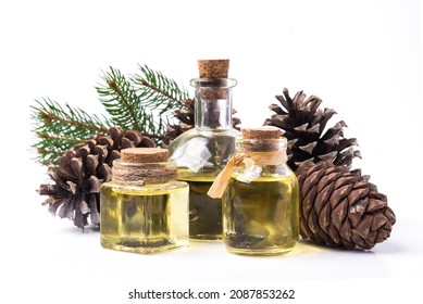 natural cosmetics, natural eco product,  glass bottles with cedar oil, cedar essential oil. Copy space