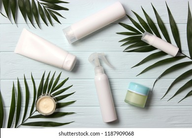 natural cosmetics and green leaf on a wooden background top view. skin care.
flatlay  - Shutterstock ID 1187909068