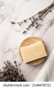 Natural Cosmetics. Handmade Soap Bars On Marble Background With Lavender Top View. Mockup Design