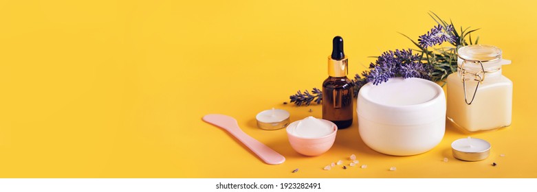 Natural Cosmetics Products With Lavender. Home Body Skin Care. Spa Setting In Neutral Colors On Yellow Banner
