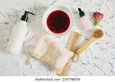 Natural Cosmetics Set, Eco Friendly Lifestyle, Dried Hibiscus Flower Petals, Comb, Brush,pads, Face And Hair Spray, Cream And Serum With Hibiscus Extract, Wellness Self Care