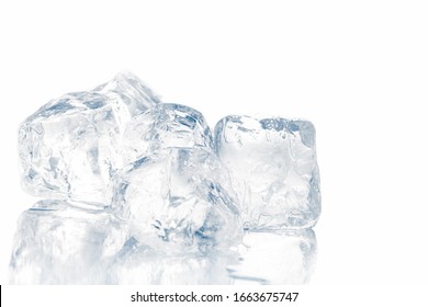 Natural crystal clear melting ice cubes on white background.