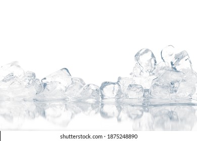 Natural Crystal Clear Melting Ice Cubes On White Reflective Surface Background.