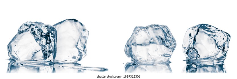 Natural Crystal Clear Melting Ice Cubes Isolated On White. Mirroring Reflective Surface Background.