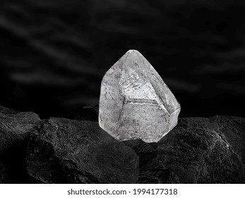 Natural Diamond Nestled On Black Coal Background