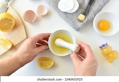 Natural, Diy Acne Mask With Egg White, Lemon And Honey, Woman Mix Ingredients For Facial Mask.