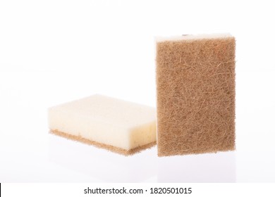 Natural Eco Cleaning Sponges Made Of Coconut Fibre And Biodegradable Foam. Zero Waste Concept.