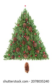 Natural Environmentally Friendly Christmas Tree With Juniper Fir Leaves, Holly Berries And Pine Cone. Eco Symbol. Flat Lay, Top View, Copy Space On White Background.