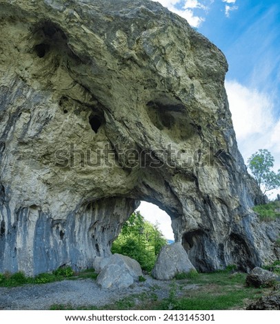 A natural, eroded arcade located inside a mountainous area, inside wild beech woodlands. Large boulders are laying under the rocky cavern. Carpathia, Romania.