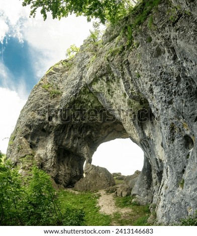 A natural, eroded arcade located in a mountainous area, inside wild beech woodlands. Large boulders are laying under the rocky cavern. A footpath leads under the grotto. Carpathia, Romania.