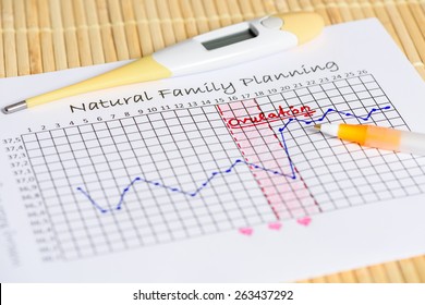 Natural Family Planning: Waiting For The Right Moment. Thermometer With Body Temperature Curve.