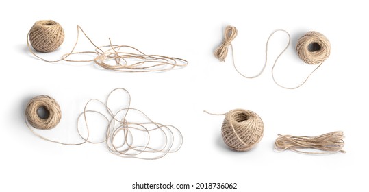Natural fiber brown thread yarn, string or rope isolated on white background. Handicraft.