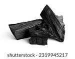 Natural fire ashes with wood charcoal texture isolate on white background. It is a flammable hard rock. Space for text. 