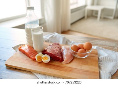 Natural Food, Healthy Eating And Protein Diet Concept - Raw Meat Fillet, Fish, Milk And Eggs On Wooden Table