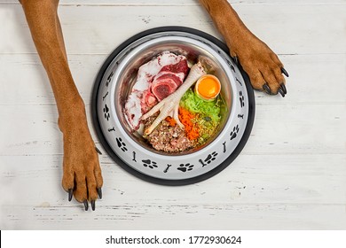 Natural Fresh Dog Food In Bowl On White Wooden Floor And Dog's Paws On Background Raw Meat, Vegetables, Eggs, Seeds