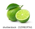 Natural fresh lime with cut in half and water droplets  isolated on white background. Clipping path.