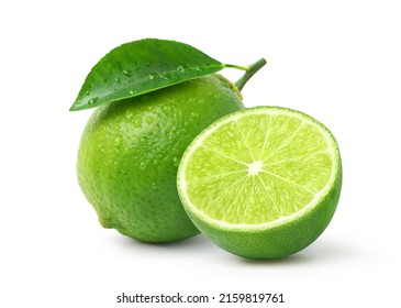 Natural fresh lime with cut in half and water droplets  isolated on white background. Clipping path. - Shutterstock ID 2159819761