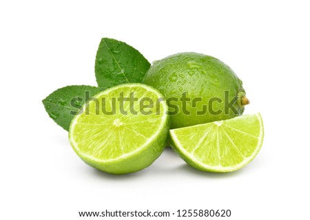 Natural  fresh lime with water drops and sliced, green leaf isolated on white background 