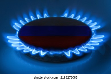 Natural Gas, Gas Burner With Blue Flame Close Up Soft Selective Focus With Russian Flag