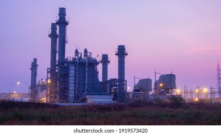 Natural Gas Combined Cycle Power Plant With Sunset And Light Orange