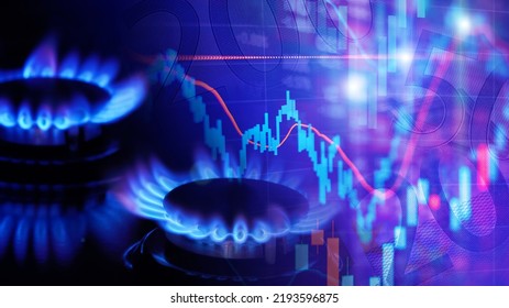 Natural gas cost growth concept with gas burners and stock charts - Shutterstock ID 2193596875