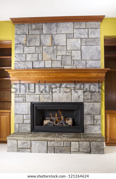 Natural Gas Fireplace Built Stone Wooden Stock Photo Edit Now