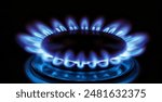 Natural Gas. High prices of natural gas. Blue flames of gas burning from a kitchen gas stove. Energy crisis concept background.