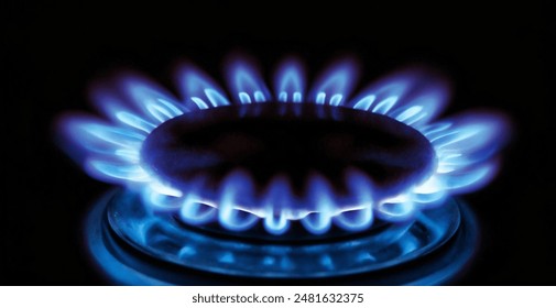 Natural Gas. High prices of natural gas. Blue flames of gas burning from a kitchen gas stove. Energy crisis concept background.