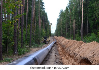 Natural Gas Pipeline Construction Work. A Dug Trench In The Ground For The Installation And Installation Of Industrial Gas And Oil Pipes. Project. Crawler Crane With Side Boom Or Pipelayer Bulldozer