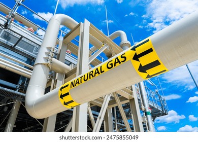 Natural gas pipeline with high pressure and direction sign at compressor station. Concept of energy transportation infrastructure