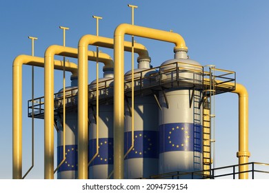 Natural gas tank in gas factory with European union flag - Shutterstock ID 2094759154
