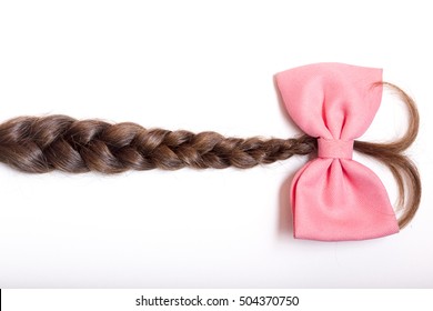 Natural Hair Braided With Pink Ribbon Bow Isolated On White Background